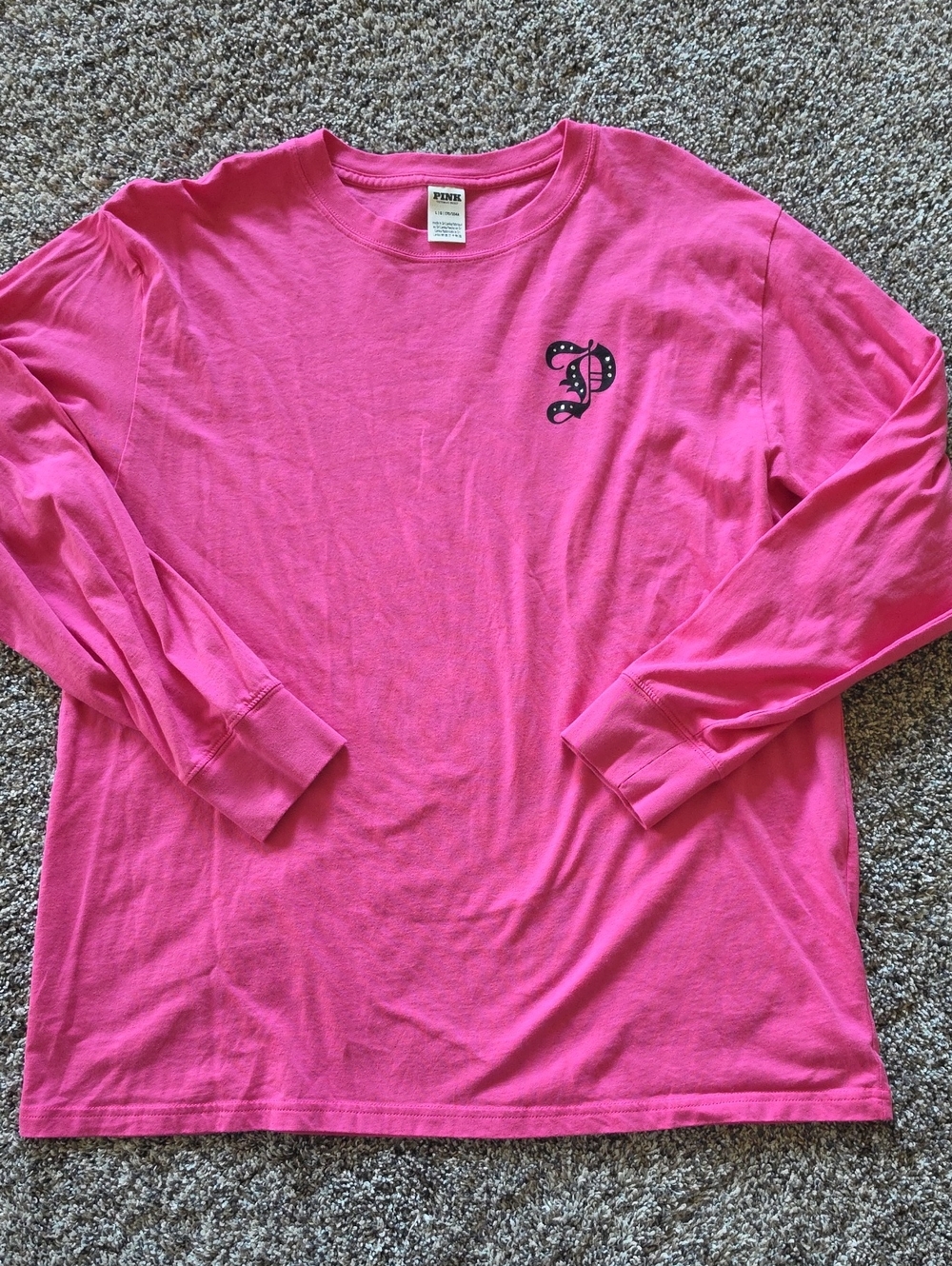 PINK Victoria's Secret Long Sleeve  Campus Tee with Chest 'P' Logo Bling L